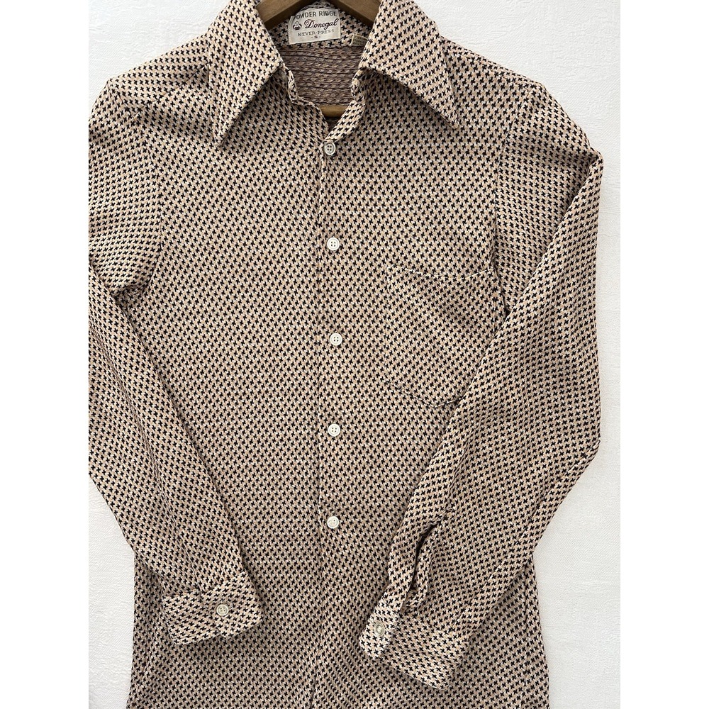 Vintage 1970s Donegal Knit Shirt Spear Point Western Disco Micro Print Long Slee